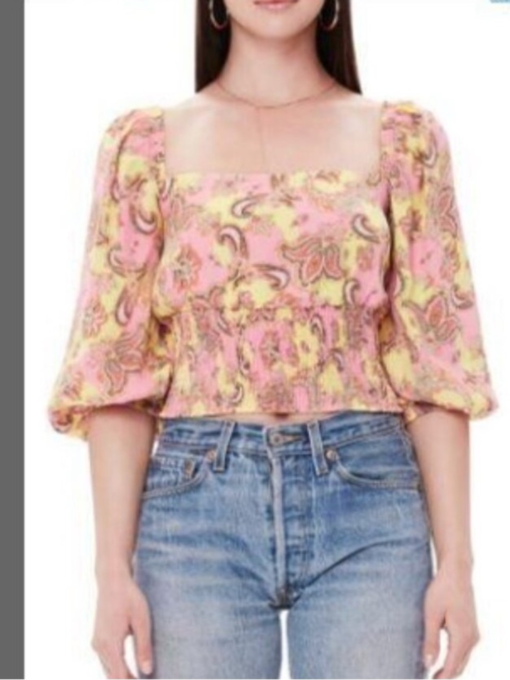 AFRM 3/4 Sleeve Smocked Crop Top with Button Back yellow/pink paisley print Sz S - Picture 7 of 9